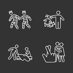 Different rape types chalk icons set. Prison, statutory, children and spousal rape. Sexual harassment of child, woman. Female victims of sexual assault. Isolated vector chalkboard illustrations
