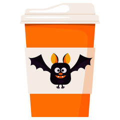 Vector paper coffee or tea cup decorated cartoon cute smiling and flying Happy Halloween black bat isolated on white background.