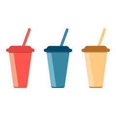Three glasses of different colors with a cap and a tube for coffee, espresso, latte, cappuccino, tea and other drinks vector