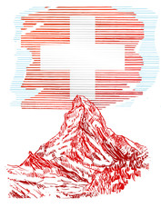 Ilustracja przedstawiająca flagę Szwajcarii z przykładowym zabytkiem architektonicznym - obrazy, fototapety, plakaty