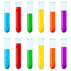 Vector set of glass test tubes with multi-colored liquid reagents with and without bubbles isolated on white background. © Irina
