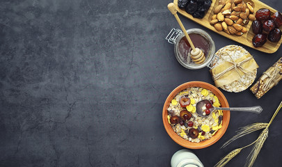 Healthy breakfast. Muesli from cereals with milk berries.