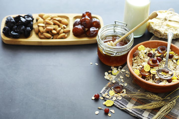 Healthy breakfast. Muesli from cereals with milk berries.