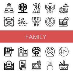 Set of family icons such as Disagreement, Insurance, Round up ride, Flood, Couple, Lesbian, Give, Peace, Demographic, Law, Hospice, Shelter, Constitution, Baby girl, Donation , family