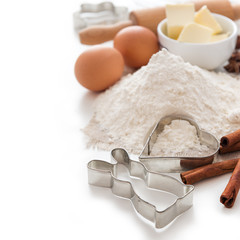 Baking ingredients for Easter cookies on white background