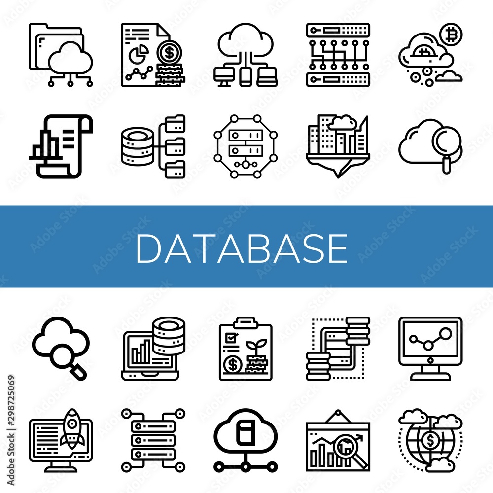 Poster set of database icons such as cloud storage, analytics, hosting, cloud, server, servers, data , data