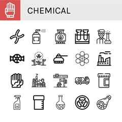 Set of chemical icons such as Glove, Chromosome, Sprays, Tank, Test tube, Chemist, Valve, Radioactive, Atom, Factory, Gloves, Gas station, Oil truck, Urine, Cleaning products , chemical