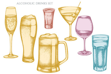 Vector set of hand drawn pastel glass, mug of beer, alcohol shot, glass of champagne, glass of wine, glass of martini