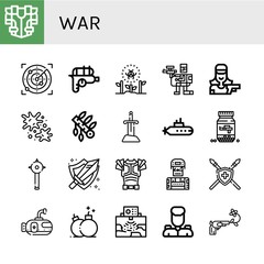 Set of war icons such as Armour, Radar, Water gun, Radioactive, Paintball, Shooter, Headdress, Sword, Submarine, Ammo, Mace, Armor, Soldier, Spear, Bomb, Military, Gun , war