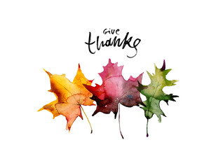 Happy thanksgiving text with watercolor autumn leaves and branches isolated on white background. Autumn illustration for greeting cards, invitations, blogs, posters, quote and decorations. - Powered by Adobe