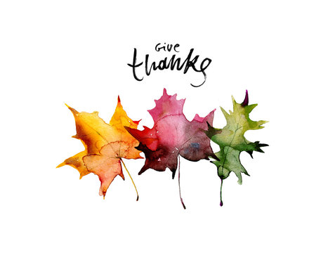 Happy thanksgiving text with watercolor autumn leaves and branches isolated on white background. Autumn illustration for greeting cards, invitations, blogs, posters, quote and decorations.