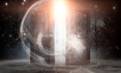 Open doors. Abstract light. Night view, magic fantasy, smoke, smog, neon. Dark forest. Abstract dark background. Old wooden doors.