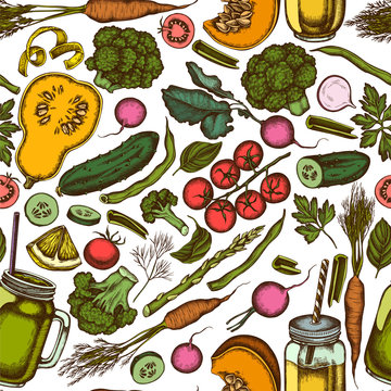 Seamless pattern with hand drawn colored lemons, broccoli, radish, green beans, cherry tomatoes, beet, greenery, carrot, basil, pumpkin, smoothie cup, smothie jars, cucumber, celery