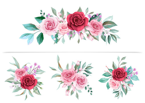 Watercolor floral arrangements clipart for wedding or greeting card composition. Flowers illustration decoration of red and peach flowers, leaves, branches. Vector botanic elements