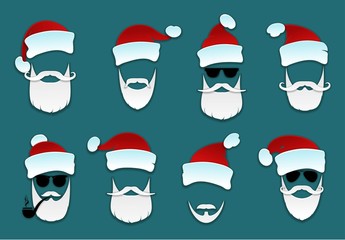Santa Claus.  Set Santa Clauses with  variety of caps, mustaches and beards. Christmas icons set on blue background. Vector illustration