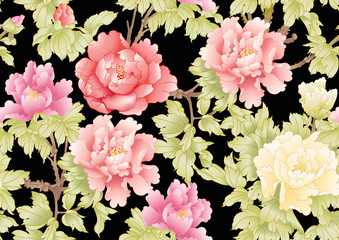 Peony tree branch with flowers in the style of Chinese painting on silk. Seamless pattern, background. Colored vector illustration Isolated on black background