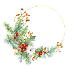 Festive decoration in the form of a wreath for new year or Christmas. Watercolor elements coniferous twigs, holly with red berries, cotton and other decorative twigs.
