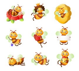 Set of funny cute bees doing casual things vector illustration