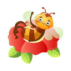Bee lying and relaxing on red blooming flower vector illustration