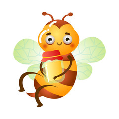 Bee flying and holding glass jar with honey vector illustration