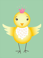 Easter chick with pink crown. Illustration for greeting card, book and postcards. Wallpaper.