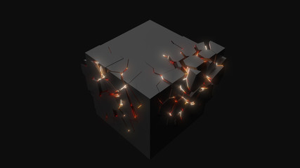 strangely cracking cube. technological and mystical look with glowing inside details. 3d illustration