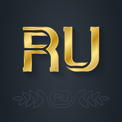 The abbreviation of Russia. R and U initial gold logo. RU - Metallic 3d icon or logotype template. Vector design element with lineart option.