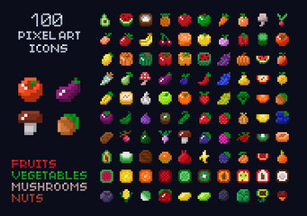 Pixel art vector game design icon video game interface set. Fruits, vegetables, mushrooms, nuts. Isolated retro arcade game design