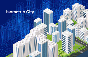 Isometric urban megalopolis top view of the city infrastructure town, street, houses, architecture 3d elements different buildings