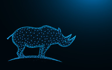 Rhinoceros low poly design, mammal animal abstract geometric image, zoo wireframe mesh polygonal vector illustration made from points and lines on dark blue background