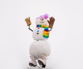 Christmas snowman in hat, scarf, gloves with ice skating. Christmas and winter fashion. Happy snowman in winter landscape. Happy holiday celebration. Merry christmas and happy new year greeting card.