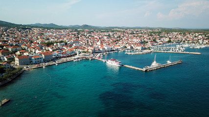 Fototapeta na wymiar Aerial shot of the Vodice beach near the town of Sibenik,Croatia. A famous tourist destination on the Adriatic sea