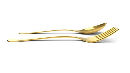 golden fork and spoon. 3d illustration