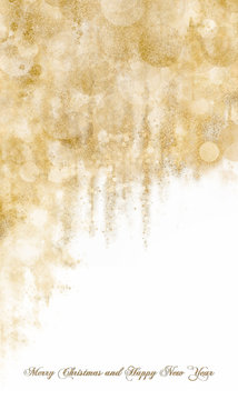 Greeting card. Bright gold Christmas bokeh background