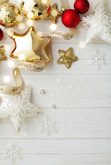 golden christmas ornaments, frame with copy space