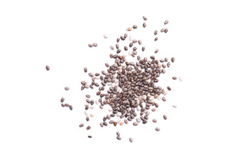 Heap of chia seeds isolated on white background. Superfood concept. Top view