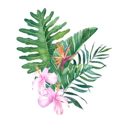 Zelfklevend Fotobehang Monstera Tropisch aquarelboeket met exotische bloemen op een witte achtergrond.
