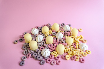 A delicious pile of sweets marshmallows cereal and meringue