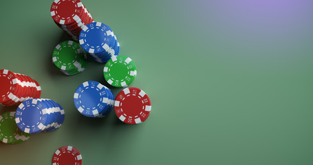 Casino chips over green cloth. Top view shot. 3D render