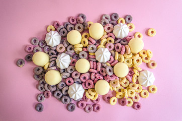 A delicious pile of sweets marshmallows cereal and meringue