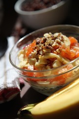Fresh Bircher muesli, taken in the morning sun atmosphere