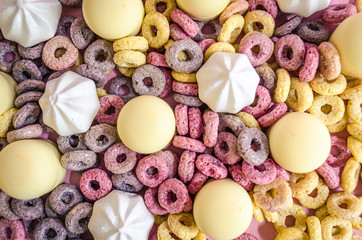 A delicious pile of sweets marshmallows cereal and meringue