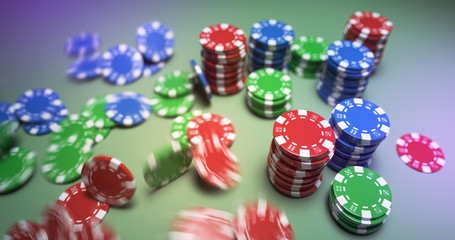 Casino chips in motion over green cloth. 3D render