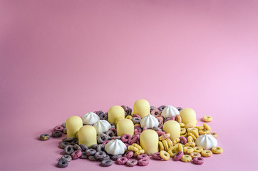 A delicious pile of sweets marshmallows cereal and meringue