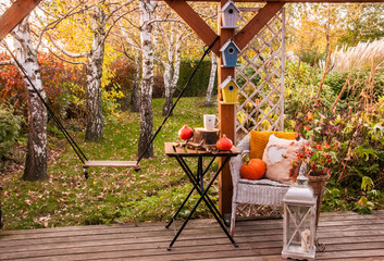 Piękna jesień w ogrodzie na tarasie - obrazy, fototapety, plakaty
