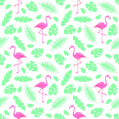 Pink flamingos and tropical leaves summer seamless pattern. Vector illustration. Design for textile, fabric, wallpaper.