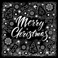 Merry Christmas. Vector text Calligraphic Lettering design card template on black background. Creative typography for Holiday Greeting Gift Poster. Calligraphy Font style Banner.