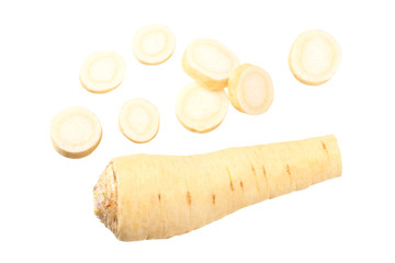fresh parsley root with slices isolated on white background. top view