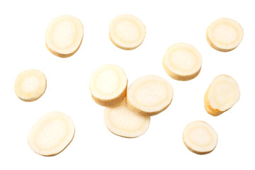 sliced fresh parsley root isolated on white background. top view