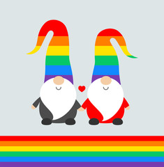 Christmas Pride celebration party funny greeting card with cute Santa elves gnomes in rainbow hats, and rainbow flag. Vector Pride illustration